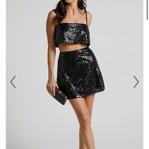 Showpo Black Sequin Crop Top (size 4) and Skirt (size 6) Set